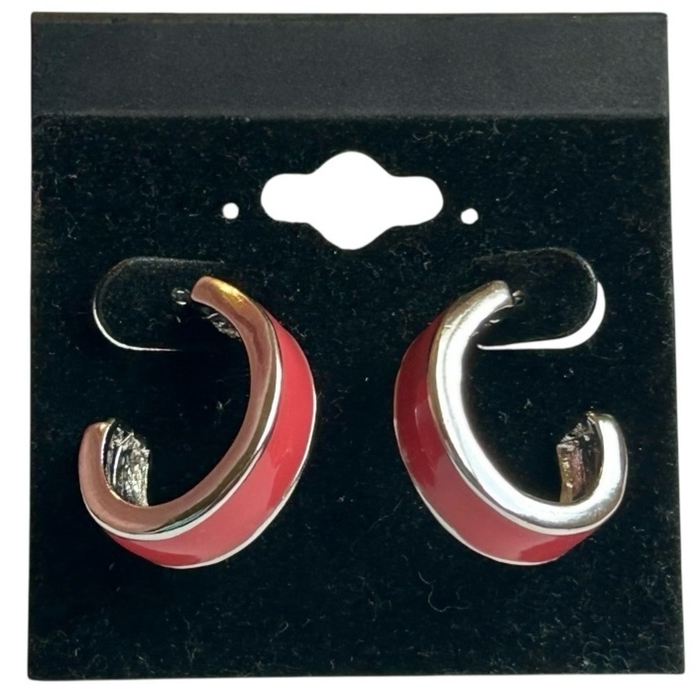 Vintage Pink Enamel Silver Hoop Earrings